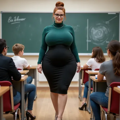 Beautiful teacher,  mature woman, glasses (((40 YEARS))),  proudly and confidently walking through the classroom, admired by her students, white-skinned woman, beautiful face,  tied-up Red hair, voluptuous body, woman with generous curves , hourglass figur...