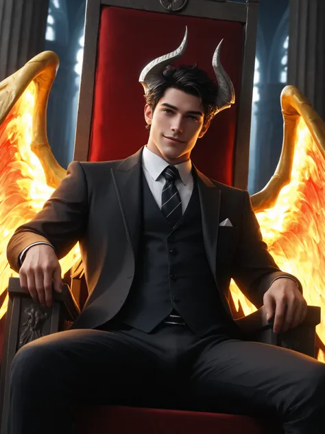 (8k, best quality, masterpiece:) An intricately detailed statue of Lucifer Morningstar, portrayed as a one masculine British male angel with a mischievous smile and dark hair, flaming wings that engulf the background in a devilish display of fiery intensit...