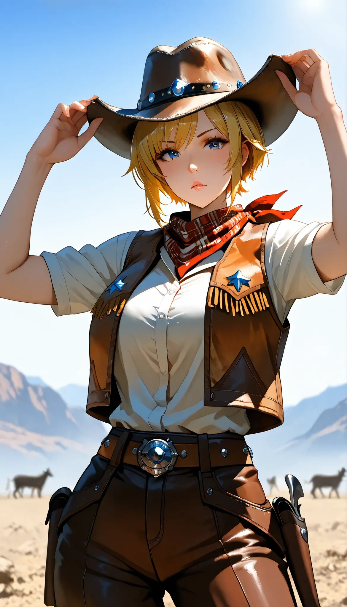 UHD, (A female with blonde hair),Short hair,Perfect body,white short shirt,Cowboy Vest,scarf,Western US, western cowboy costume, Cowboy hat,outdoor,Open Pose, ultra-detailed, masterpiece, best quality, solo, upper focus, chiaroscuro,atmospheric,(Cowboy sho...