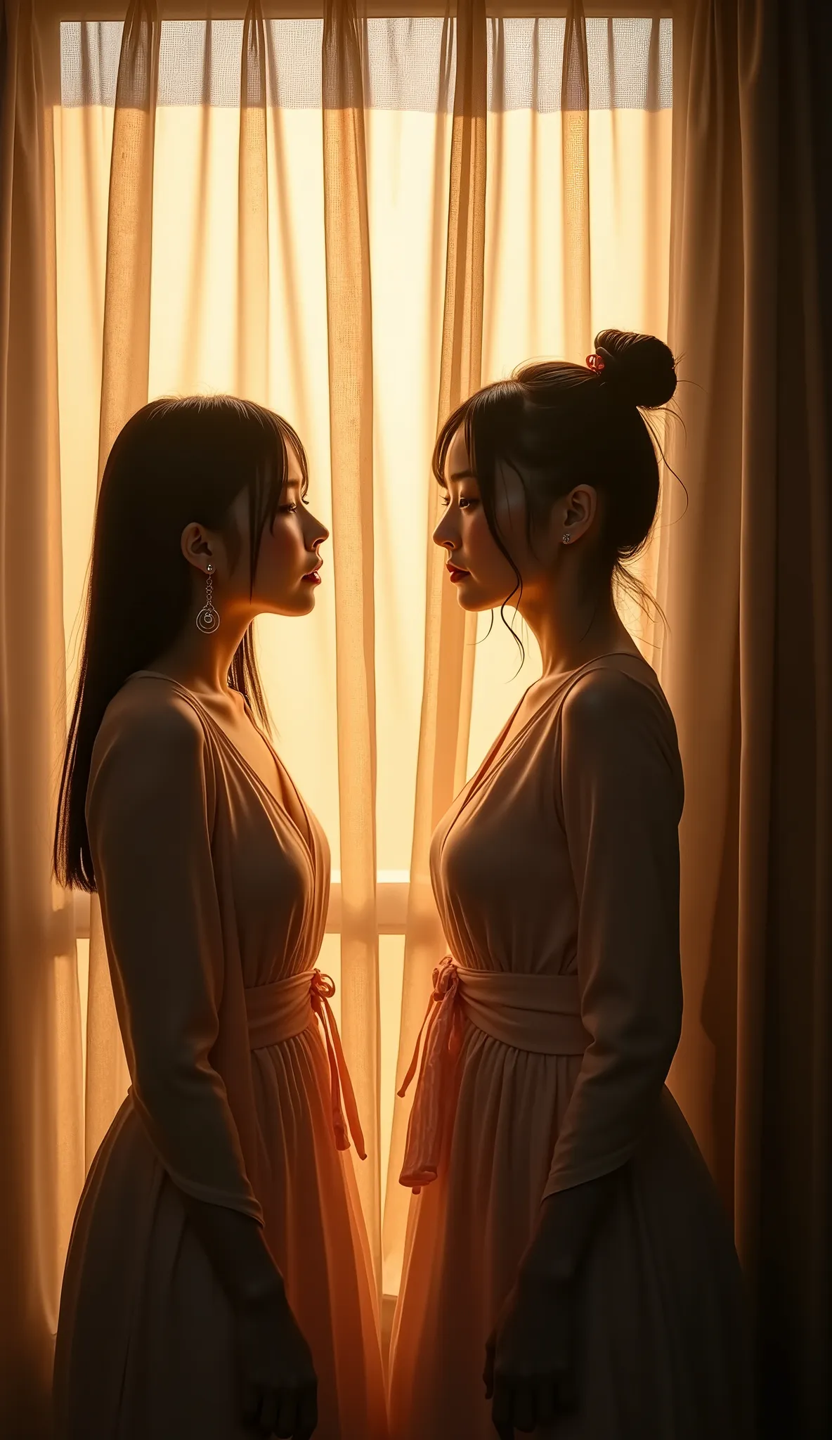Translucent curtains with soft light, shadows of Japanese women showering behind the curtains, atmospheric lighting, moody, realistic, high detail, shallow depth of field, cinematic style.