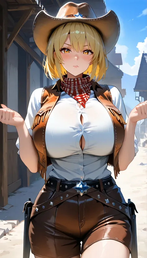 UHD, (A female with blonde hair),Short hair,Perfect body,medium oppai,white short shirt,Cowboy Vest,scarf,Western US, western cowboy costume, Cowboy hat,outdoor,Open Pose, ultra-detailed, masterpiece, best quality, solo, upper focus, chiaroscuro,atmospheri...