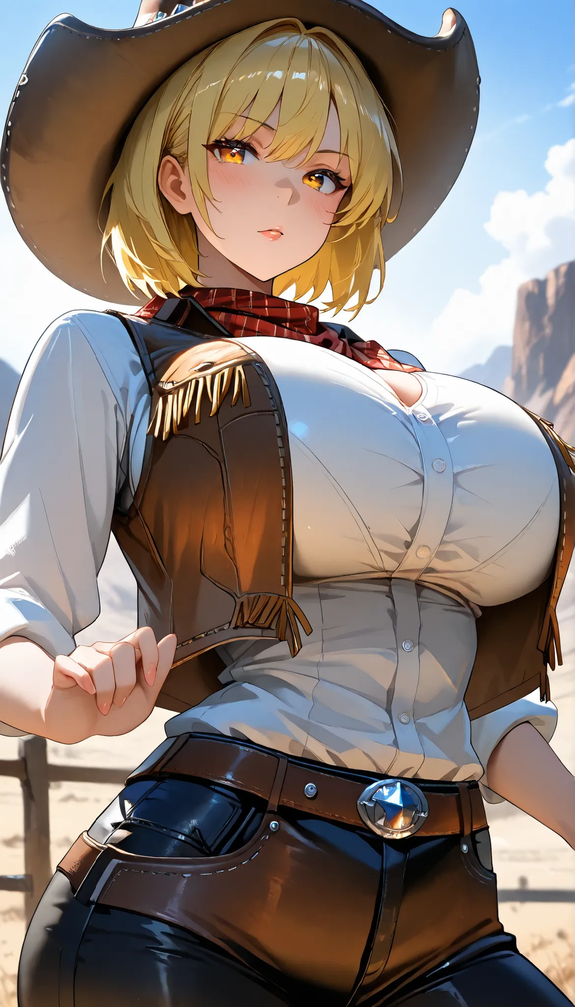 UHD, (A female with blonde hair),Short hair,Perfect body,medium oppai,white short shirt,Cowboy Vest,scarf,Western US, western cowboy costume, Cowboy hat,outdoor,Open Pose, ultra-detailed, masterpiece, best quality, solo, upper focus, chiaroscuro,atmospheri...