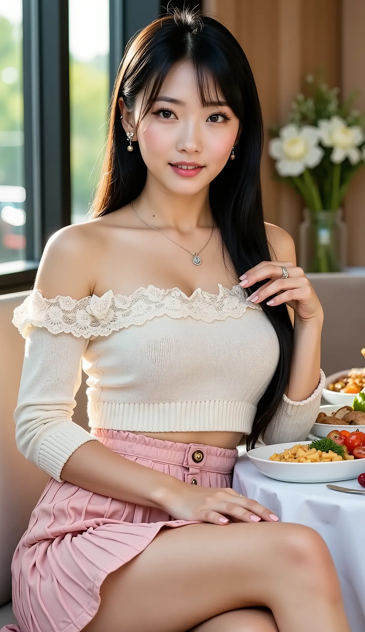 ((full body shot:1.5))、(ホテルのmorning食バイキングを食べる日本人女性)、White Tablecloth on Round Table、Many dishes on the table、((dating))、woman sitting on chair、( shooting a woman from the front :1.4)、morning、big smiles、「delicious」in the morning、((White Off Shoulder Knitted...