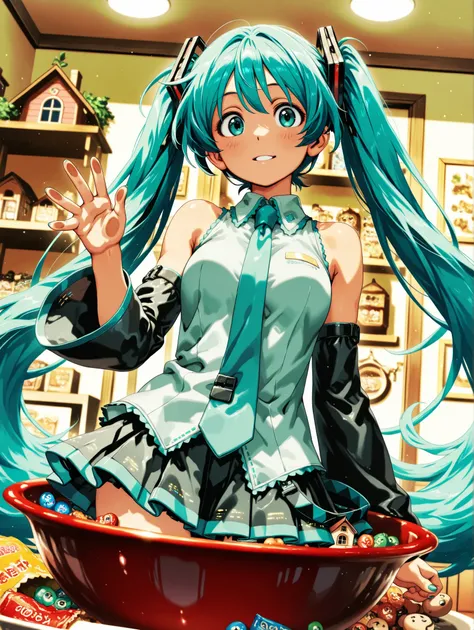 (masterpiece、top quality、top quality、official art、Beautiful Beautiful:1.2),Hatsune Miku、beautiful breasts、light green twin tails、There is a miniature house on a leaf,You can see the whole house、1/blends seamlessly into a cozy home environment、The store is ...