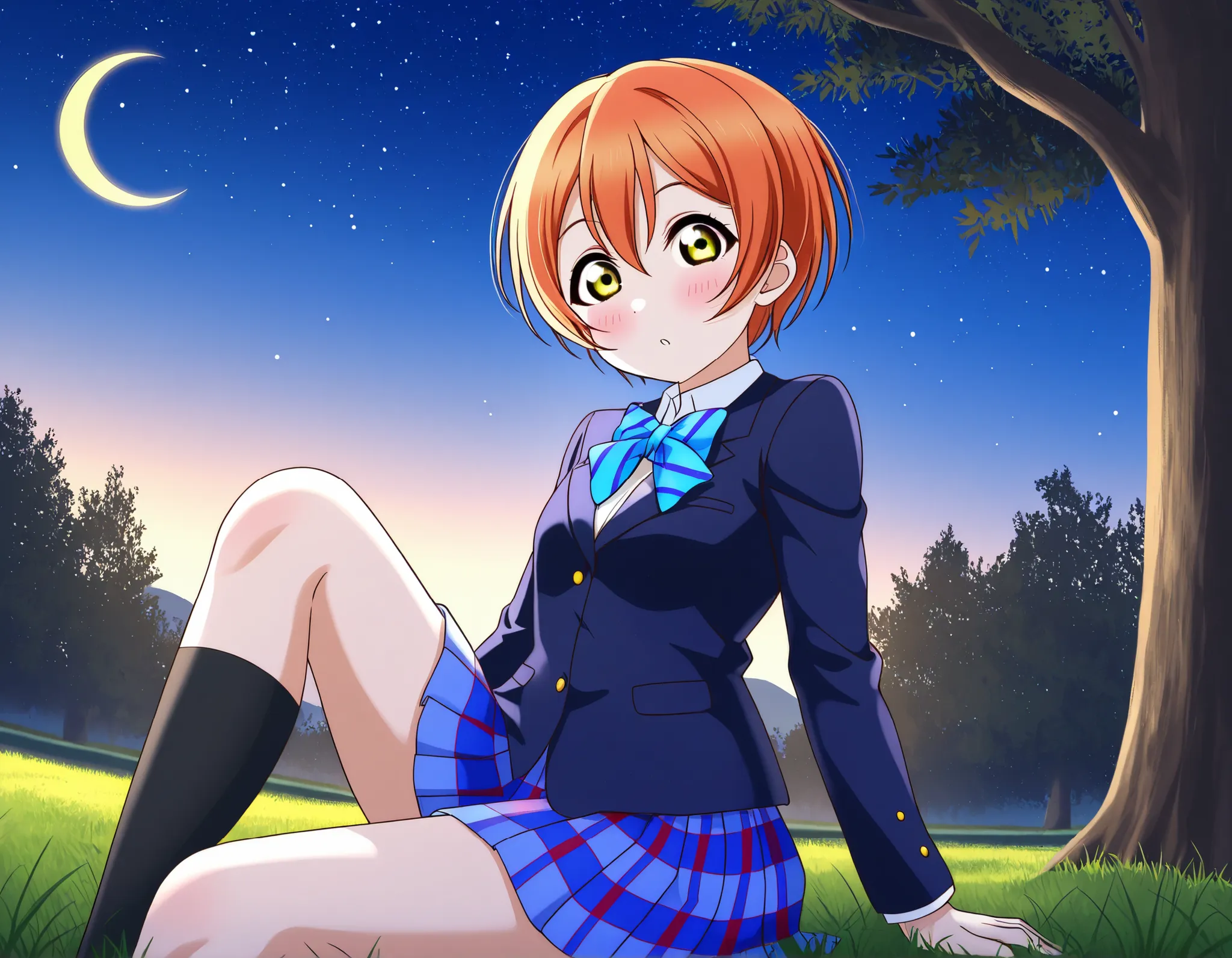 1girl, hoshizora rin, striped, short hair, blush, otonokizaka school uniform, lovelive_rin black blazer, blue plaid skirt, blue stripe bowtie, orange hair, very short hair, hair between eyes, yellow green eyes,knee up,crescent moon, stars (sky),looking at ...
