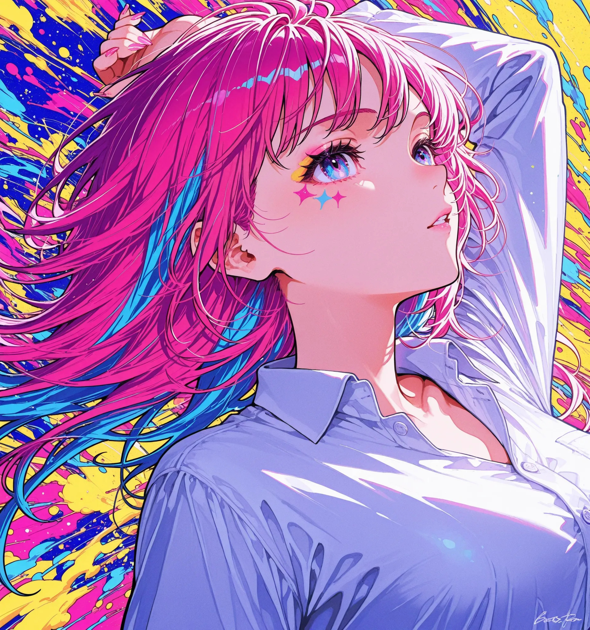1girl solo, bast painting. masterpiece、colorful colors、face up、in a collared shirt、Two tone color hair, vivid、