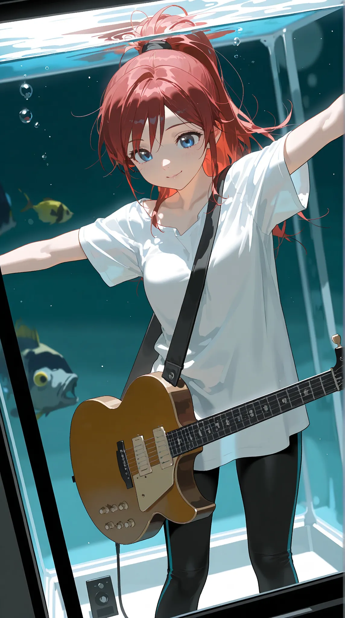 8K (high resolution) (Super Detailed)　(masterpiece)　(top quality)　anime illustration taste　Detailed eyes　detailed faces with ofisu　Detailed hands　Delicate hair　 detailed wrinkles on clothes　very elaborate body to hold a guitar　Fine Skin　healthy skin tone w...