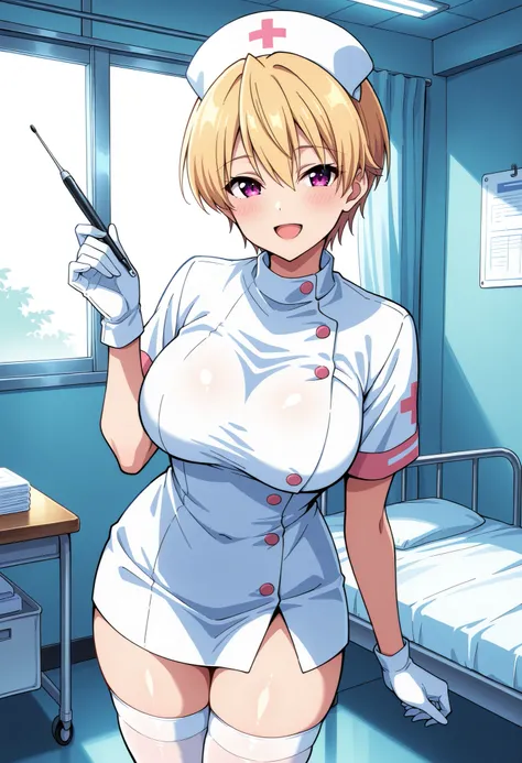 Score_9, score_8_up, score_7_up, source_anime, Haruki Azuma, solo, short hair, blonde hair, shiny hair, hair between eyes, bangs, purple eyes, large breasts, (best quality), (high quality), {masterpiece}, extremely delicate and beautiful, ultra-detailed, b...