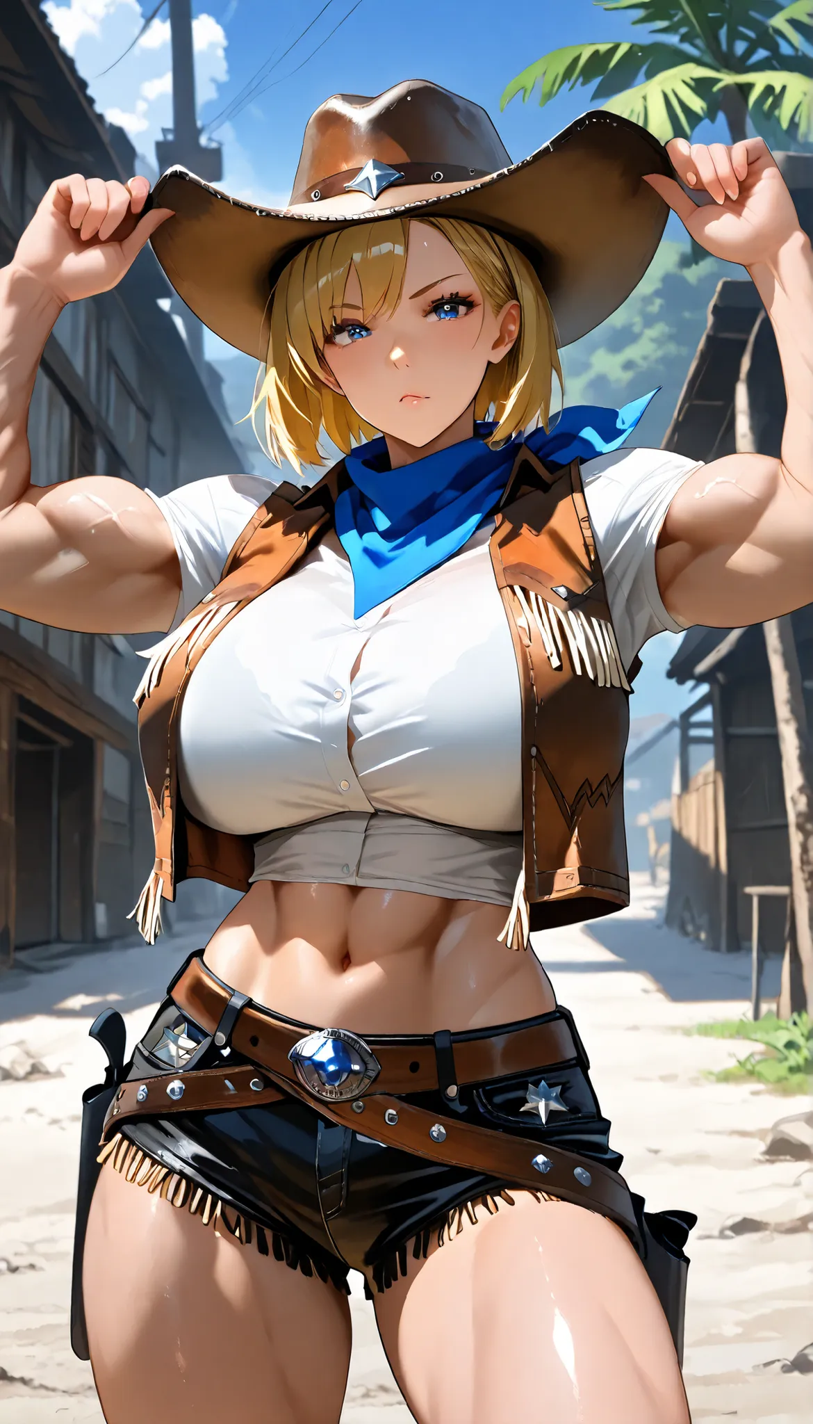 UHD, (A female with blonde hair), Short hair,Muscle body,Strong body,medium oppai,Muscle,white short shirt,Cowboy Vest,scarf,Western US, western cowboy costume, Cowboy hat,outdoor,Open Pose, ultra-detailed, masterpiece, best quality, solo, upper focus, chi...