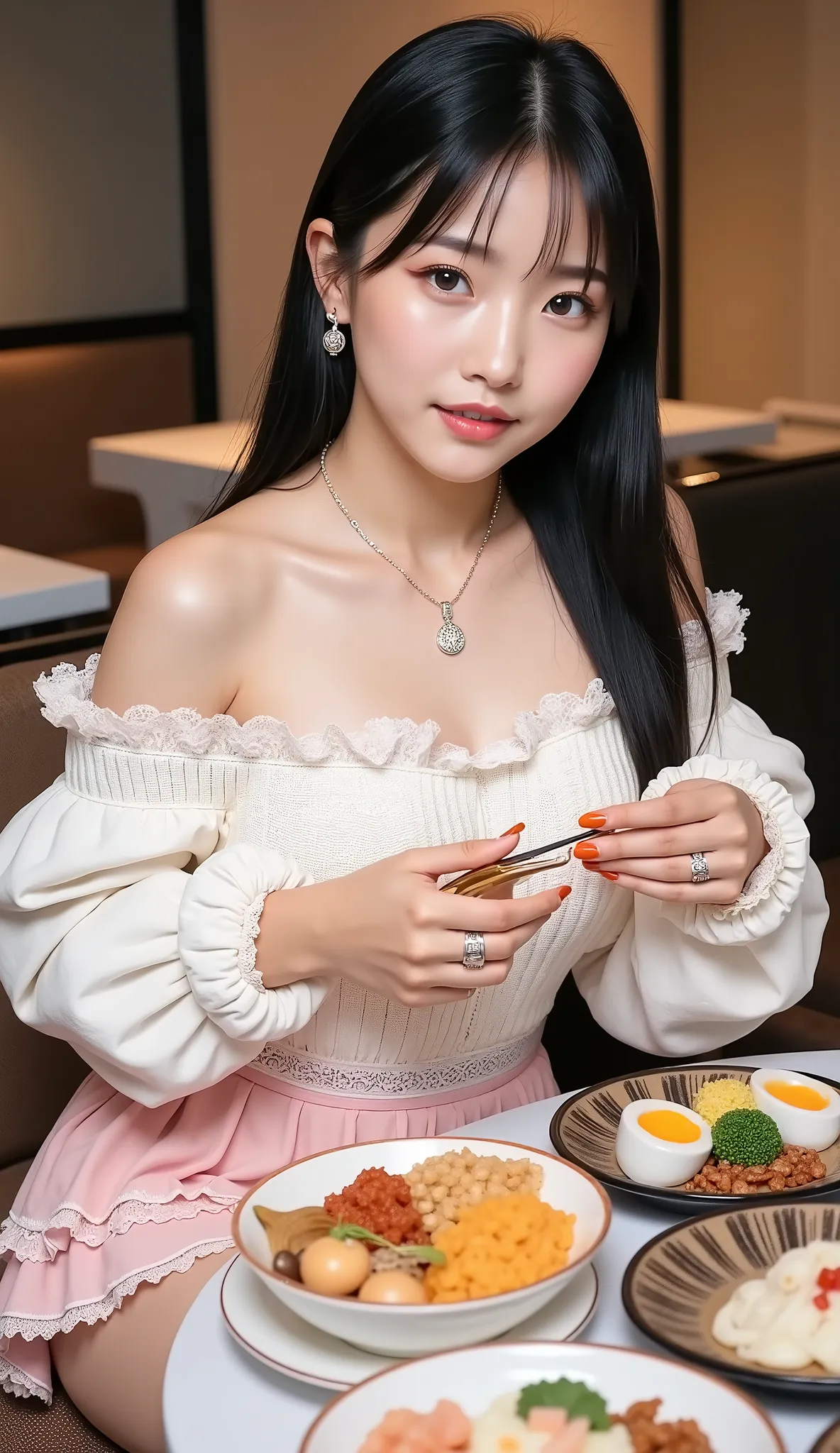 ((full body shot:1.5))、(ホテルのmorning食バイキングを食べる日本人女性)、White Tablecloth on Round Table、Many dishes on the table、((dating))、Woman sitting on a chair across from the table、(shooting a woman from the front over the table:1.4)、morning、big smiles、「delicious」in the...