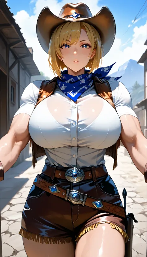 UHD, (A female with blonde hair), Short hair,Muscle body,Strong body,medium oppai,Muscle,white short shirt,Cowboy Vest,scarf,Western US, western cowboy costume, Cowboy hat,outdoor,Open Pose, ultra-detailed, masterpiece, best quality, solo, upper focus, chi...