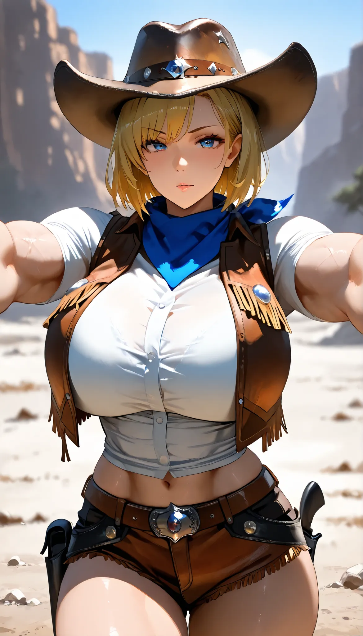 UHD, (A female with blonde hair), Short hair,Muscle body,Strong body,medium oppai,Muscle,white short shirt,Cowboy Vest,scarf,Western US, western cowboy costume, Cowboy hat,outdoor,Open Pose, ultra-detailed, masterpiece, best quality, solo, upper focus, chi...