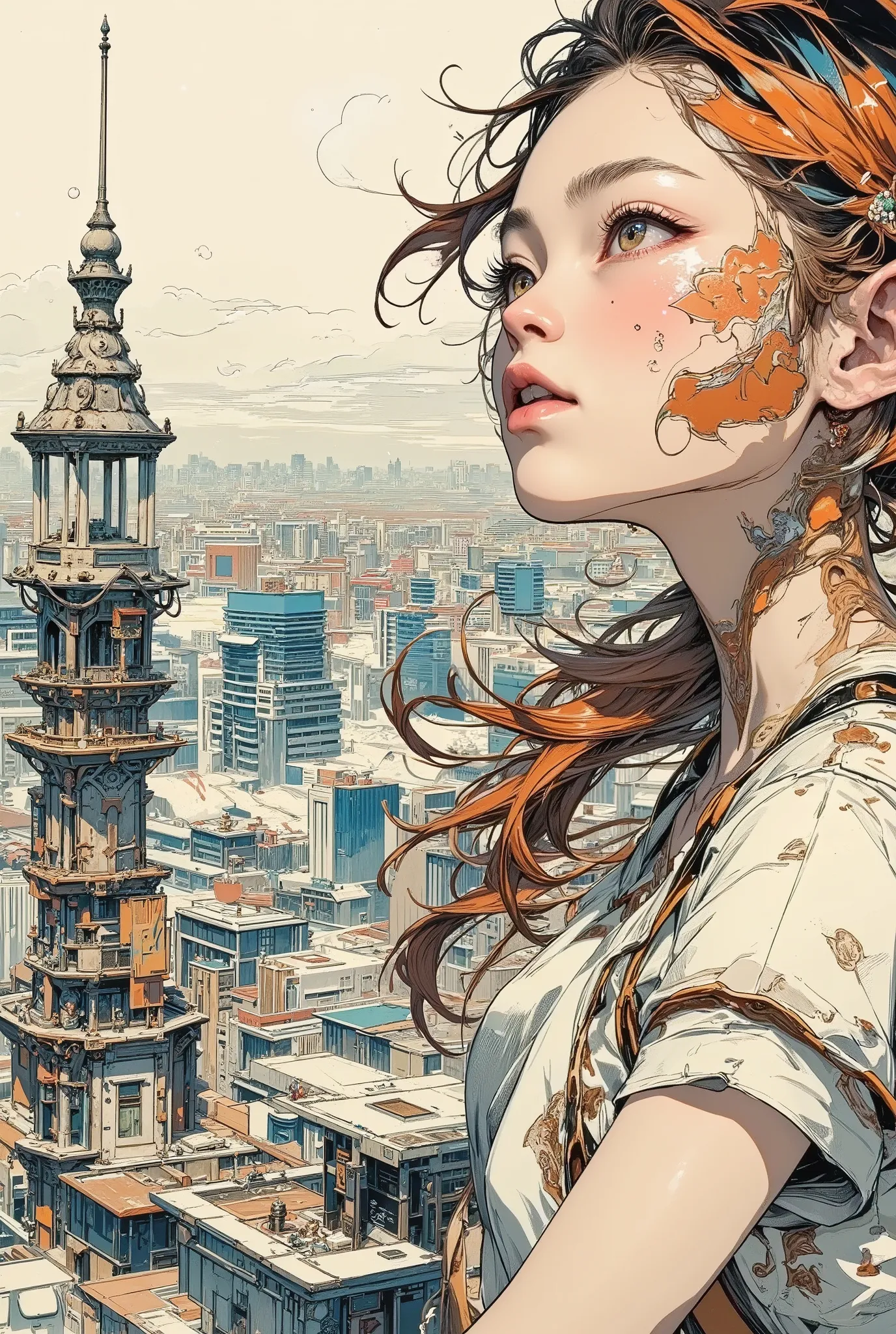 A woman blowing soap bubbles on top of a tower overlooking the city, pixel art scene, the woman is unknown, CMYK palette, lo-fi girl, amazing pixel art, pixel animation-style cityscape, a full pixel art scene, pixel animation still image anime color paper,...
