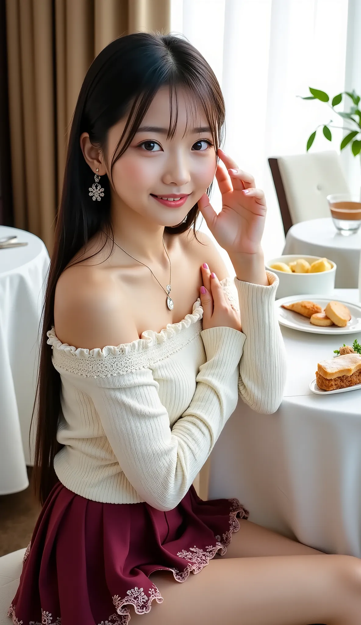 ((full body shot:1.5))、(ホテルのmorning食バイキングを食べる日本人女性)、White Tablecloth on Round Table、Many dishes on the table、((dating))、Woman sitting on a chair across from the table、(shooting a woman from the front over the table:1.4)、morning、big smiles、「delicious」in the...