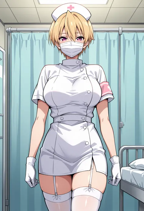 Score_9, score_8_up, score_7_up, source_anime, Haruki Azuma, solo, short hair, blonde hair, shiny hair, hair between eyes, bangs, purple eyes, large breasts, (best quality), (high quality), {masterpiece}, extremely delicate and beautiful, ultra-detailed, b...