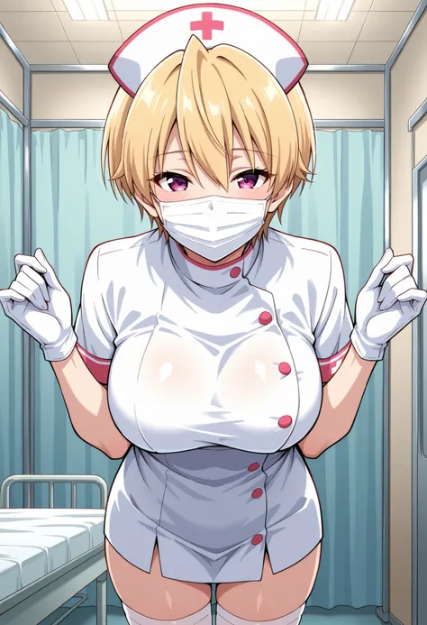Score_9, score_8_up, score_7_up, source_anime, Haruki Azuma, solo, short hair, blonde hair, shiny hair, hair between eyes, bangs, purple eyes, large breasts, (best quality), (high quality), {masterpiece}, extremely delicate and beautiful, ultra-detailed, b...