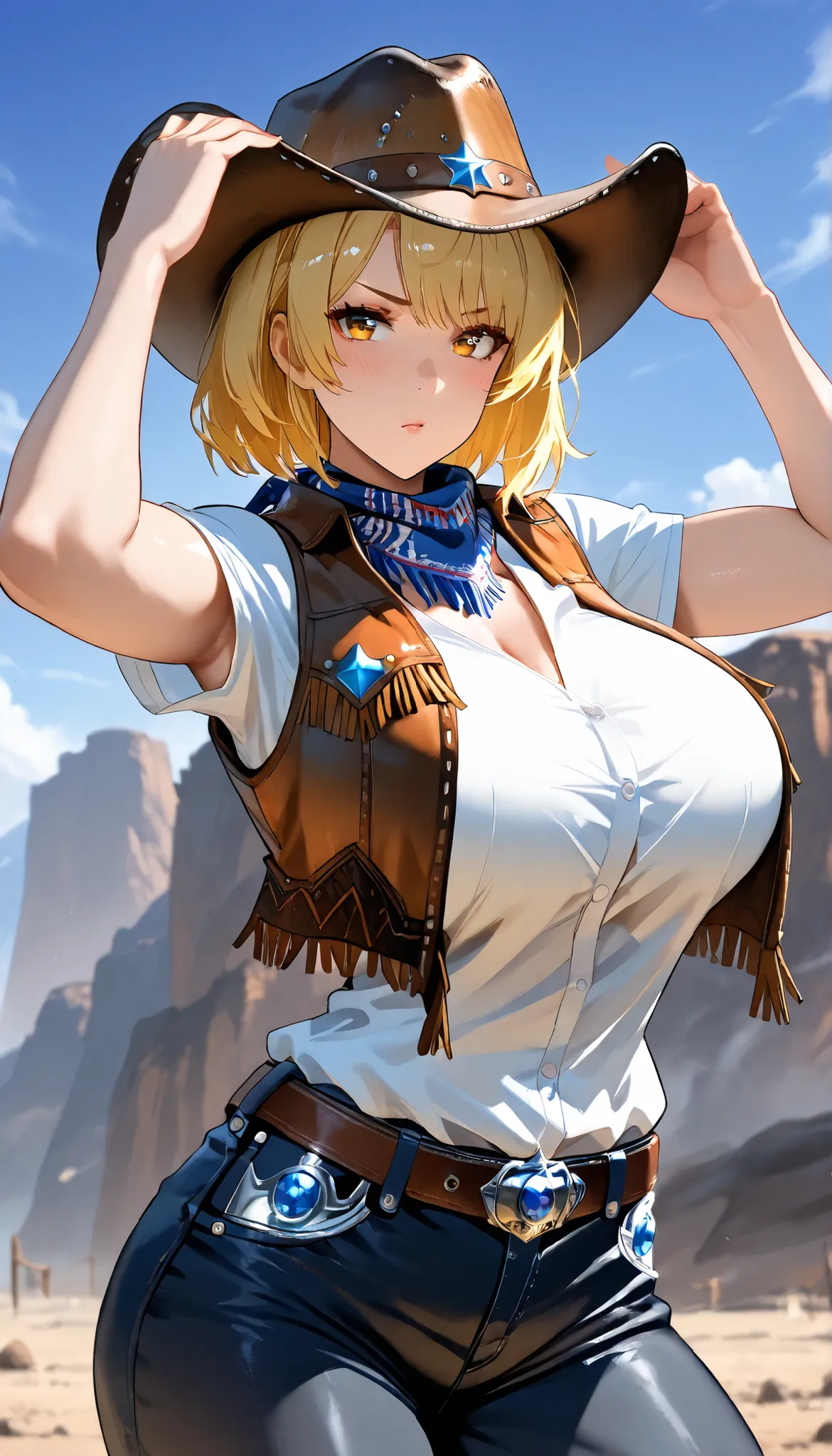 UHD, A Strong female,blonde hair,Short hair,Strong body,medium oppai,white short shirt,Cowboy Vest,scarf,Western US, western cowboy costume, Cowboy hat,outdoor,Open Pose, ultra-detailed, masterpiece, best quality, solo, upper focus, chiaroscuro,atmospheric...
