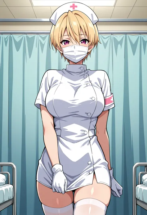 Score_9, score_8_up, score_7_up, source_anime, Haruki Azuma, solo, short hair, blonde hair, shiny hair, hair between eyes, bangs, purple eyes, large breasts, (best quality), (high quality), {masterpiece}, extremely delicate and beautiful, ultra-detailed, b...