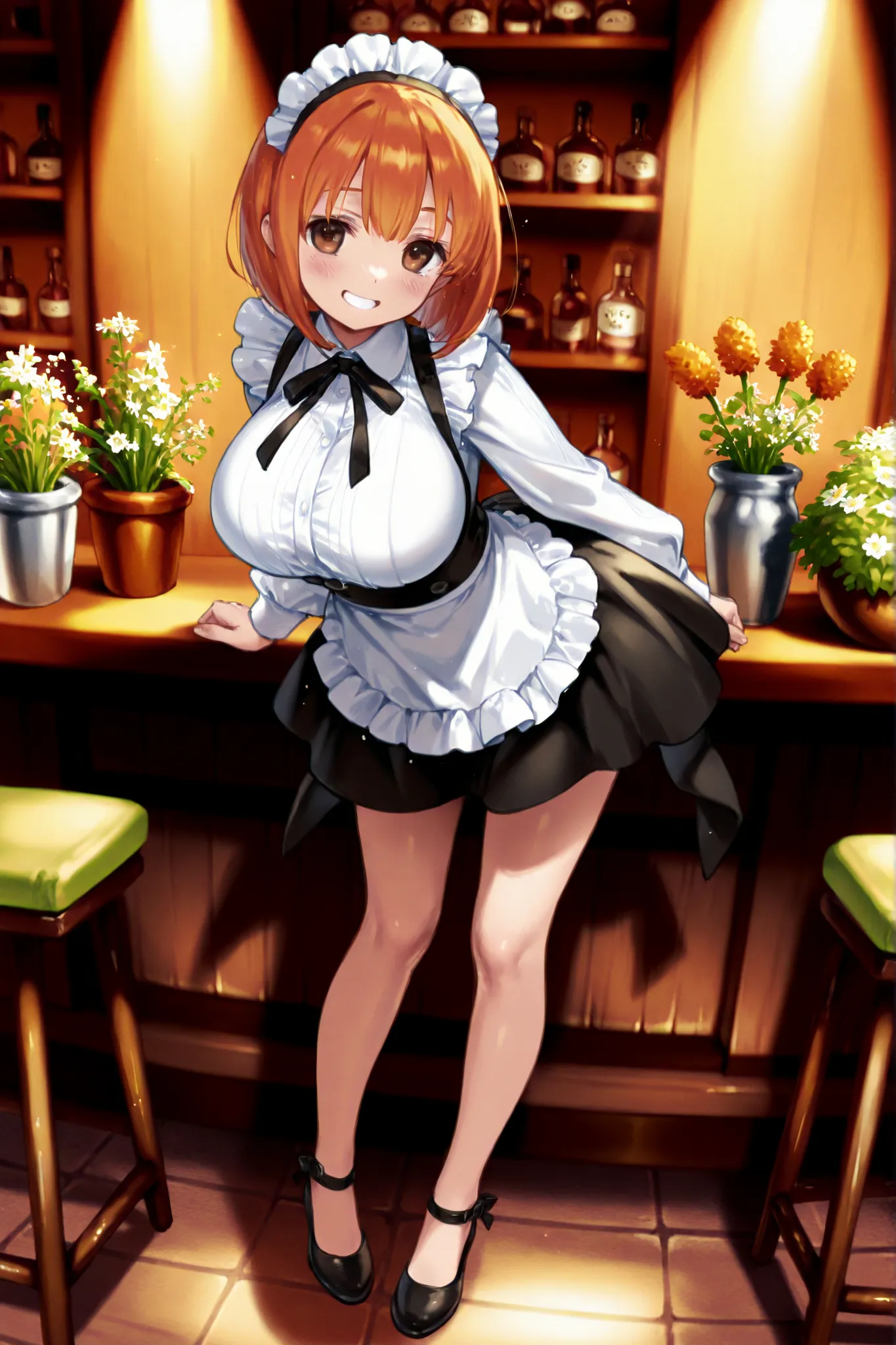 orange bob hair、brown eyes without goods、petite、young、Big Breasts、Full Body、One person、Smiling、かわいいFloristの店員、Florist、across the counter、front、high quality、4K、8K、high resolution、masterpiece、Super Detailed、Studio Lighting、extreme detail、professional、vivid c...