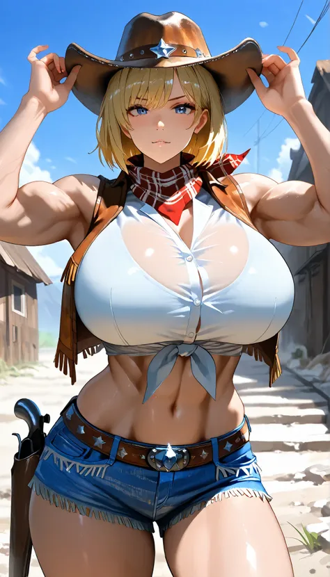 UHD, (A female with blonde hair), Short hair,Muscle body,Strong body,medium oppai,Muscle,white short shirt,Cowboy Vest,scarf,Western US, western cowboy costume, Cowboy hat,outdoor,Open Pose, ultra-detailed, masterpiece, best quality, solo, upper focus, chi...