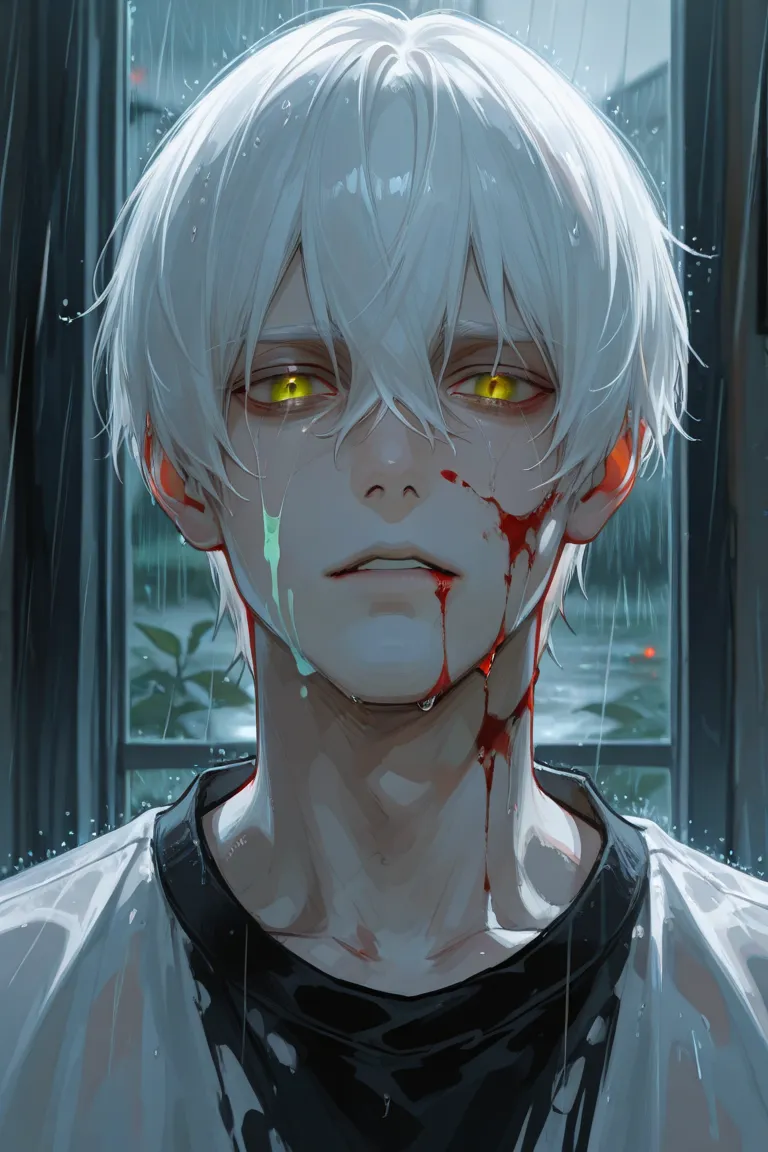 1 adult, alone, male focus, amber eyes, blood, portrait, looking at viewer, hair between eyes, short hair, blood on face, rain, white hair, colored stains