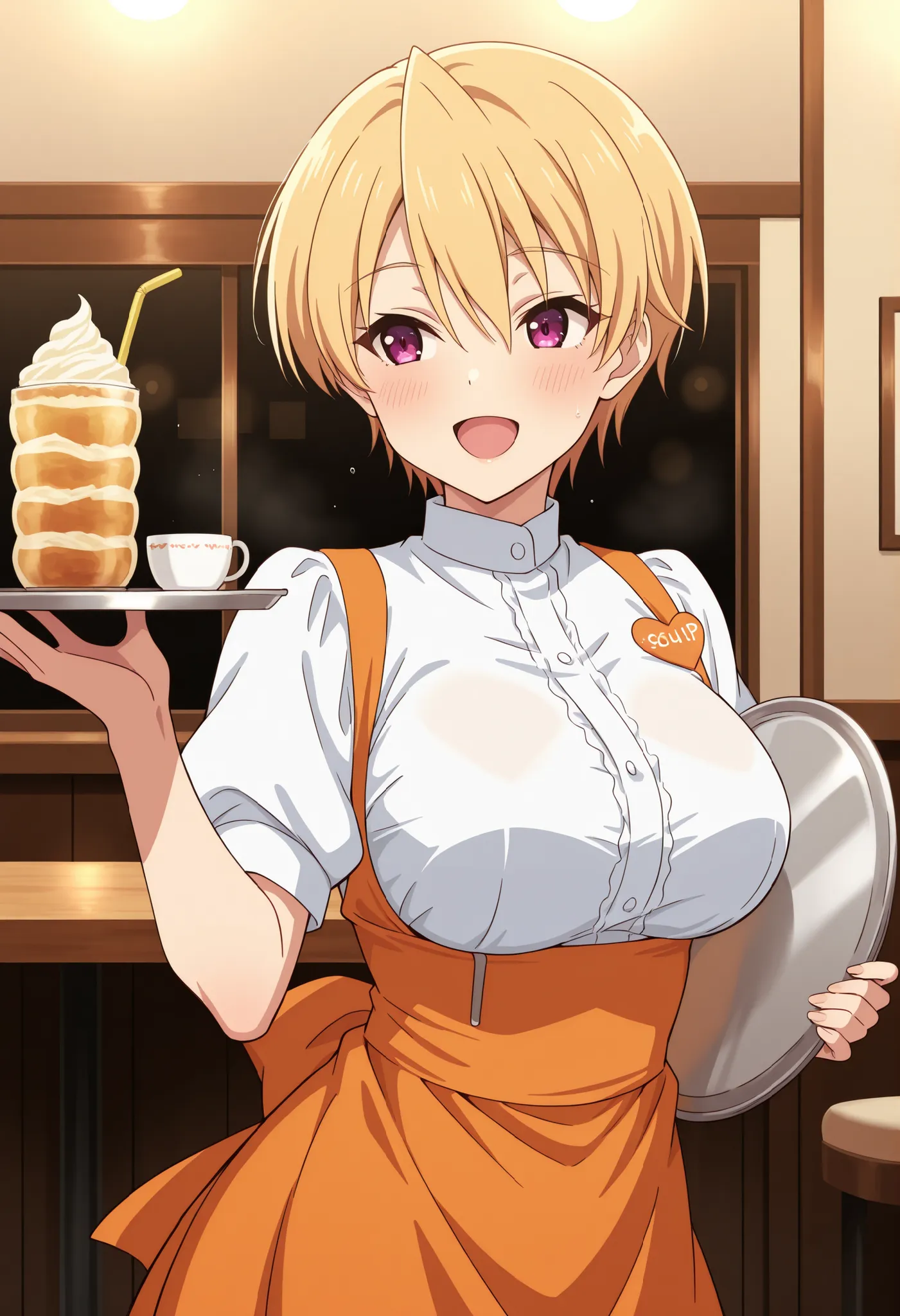 Score_9, score_8_up, score_7_up, source_anime, Haruki Azuma, solo, short hair, blonde hair, shiny hair, hair between eyes, bangs, purple eyes, large breasts, (best quality), (high quality), {masterpiece}, extremely delicate and beautiful, ultra-detailed, b...