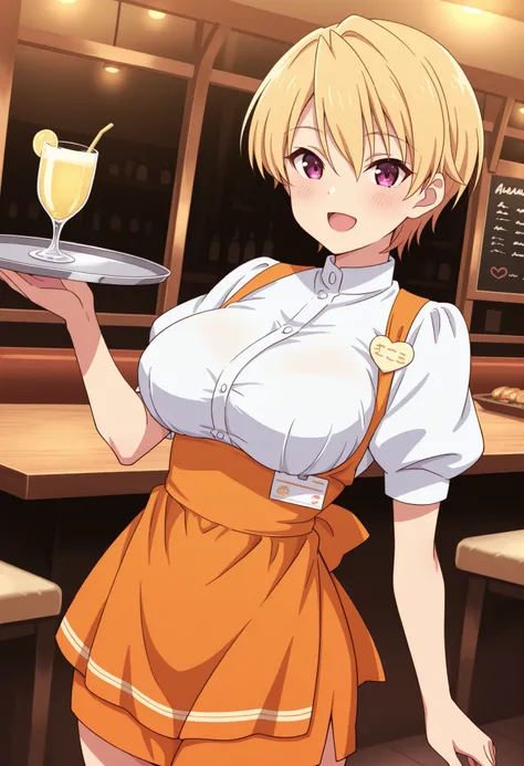 Score_9, score_8_up, score_7_up, source_anime, Haruki Azuma, solo, short hair, blonde hair, shiny hair, hair between eyes, bangs, purple eyes, large breasts, (best quality), (high quality), {masterpiece}, extremely delicate and beautiful, ultra-detailed, b...