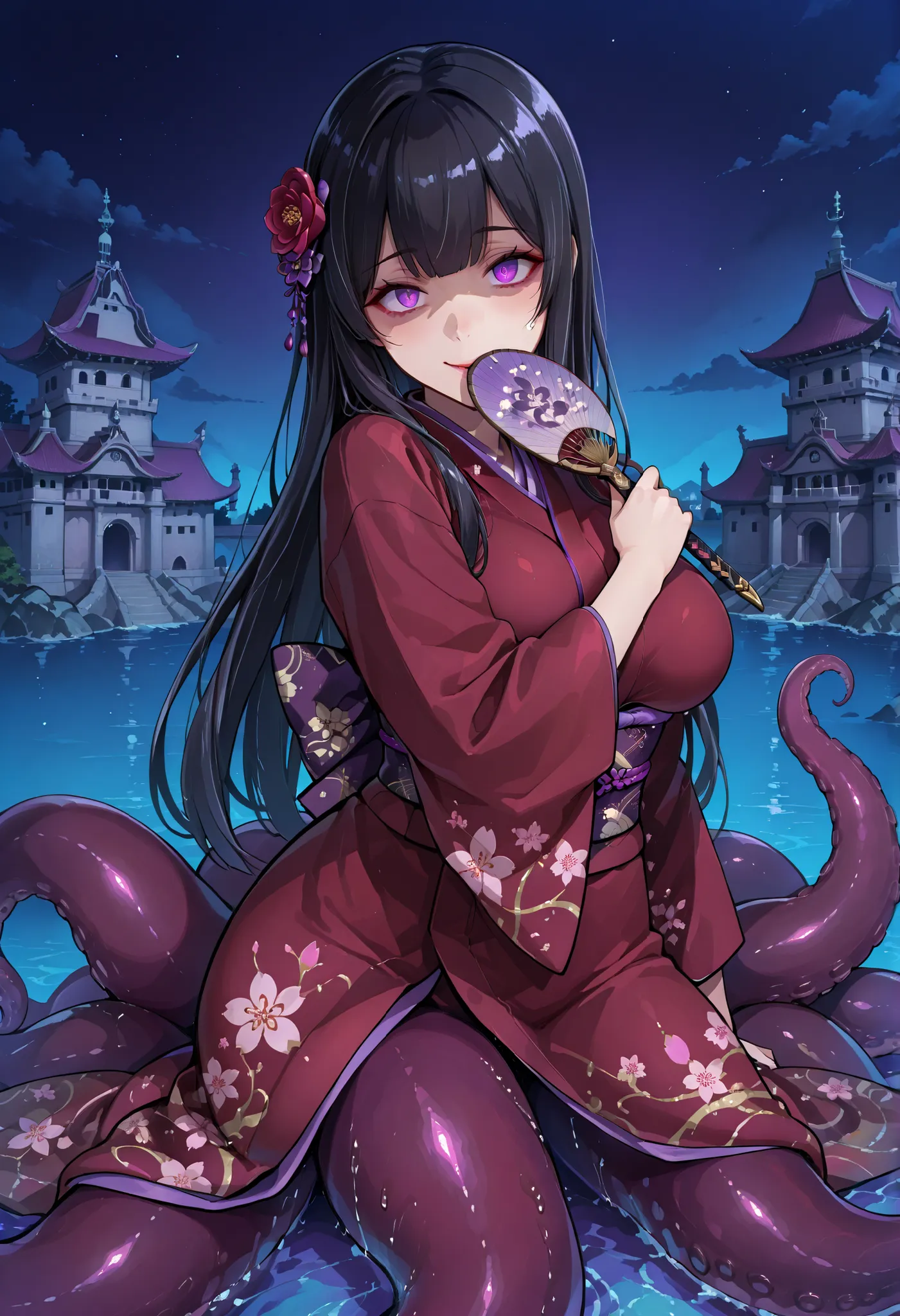 Scylla style girl. Black hair. Straight hairstyle. Long hair. Purple eyes. Yandere eyes. Hiding her mouth with a fan. Japanese-style hair accessory. Japanese-style kimono. Black and red costume. Purple tentacles. Sword entangled with tentacles. Undersea ca...