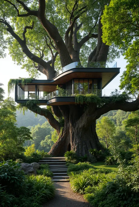 treehouse、Modern mansion standing on a huge tree、
