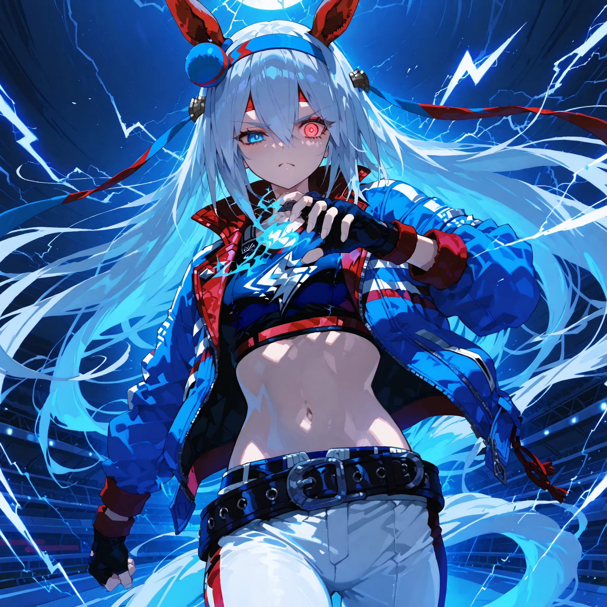 tamamo cross(Uma Musume), wearing her race outfit, R4CE,blue jacket,white pants ,belt,crop top,navel,midriff,lightning bolt symbol,fingerless gloves , left eye glowing with a vivid blue flame effect, intense and determined expression, surrounded by a cool ...