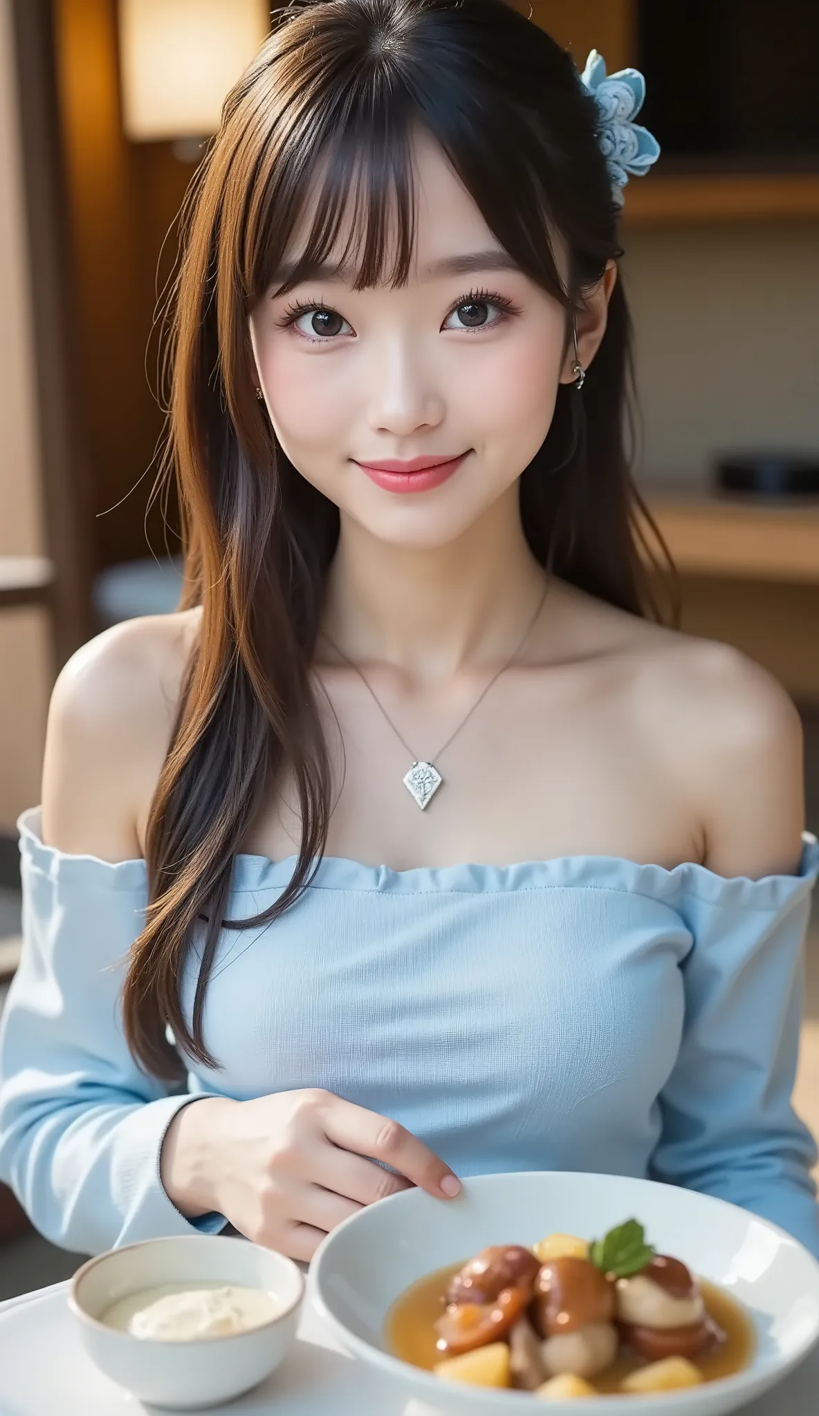 ((full body shot:1.5))、(ホテルのmorning食バイキングを食べる日本人女性)、White Tablecloth on Round Table、Many dishes on the table、((dating))、Woman sitting on a chair across from the table、(shooting a woman from the front over the table:1.4)、morning、big smiles、「delicious」in the...