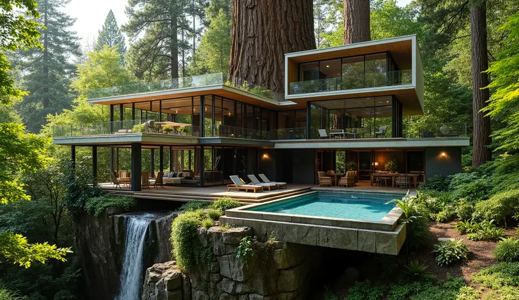 (Treehouse on a giant redwood:1.5),(Modern 3-storey mansion standing on a giant tree:1.5)、There is a luxurious pool、A waterfall cascades down from natural bedrock,
