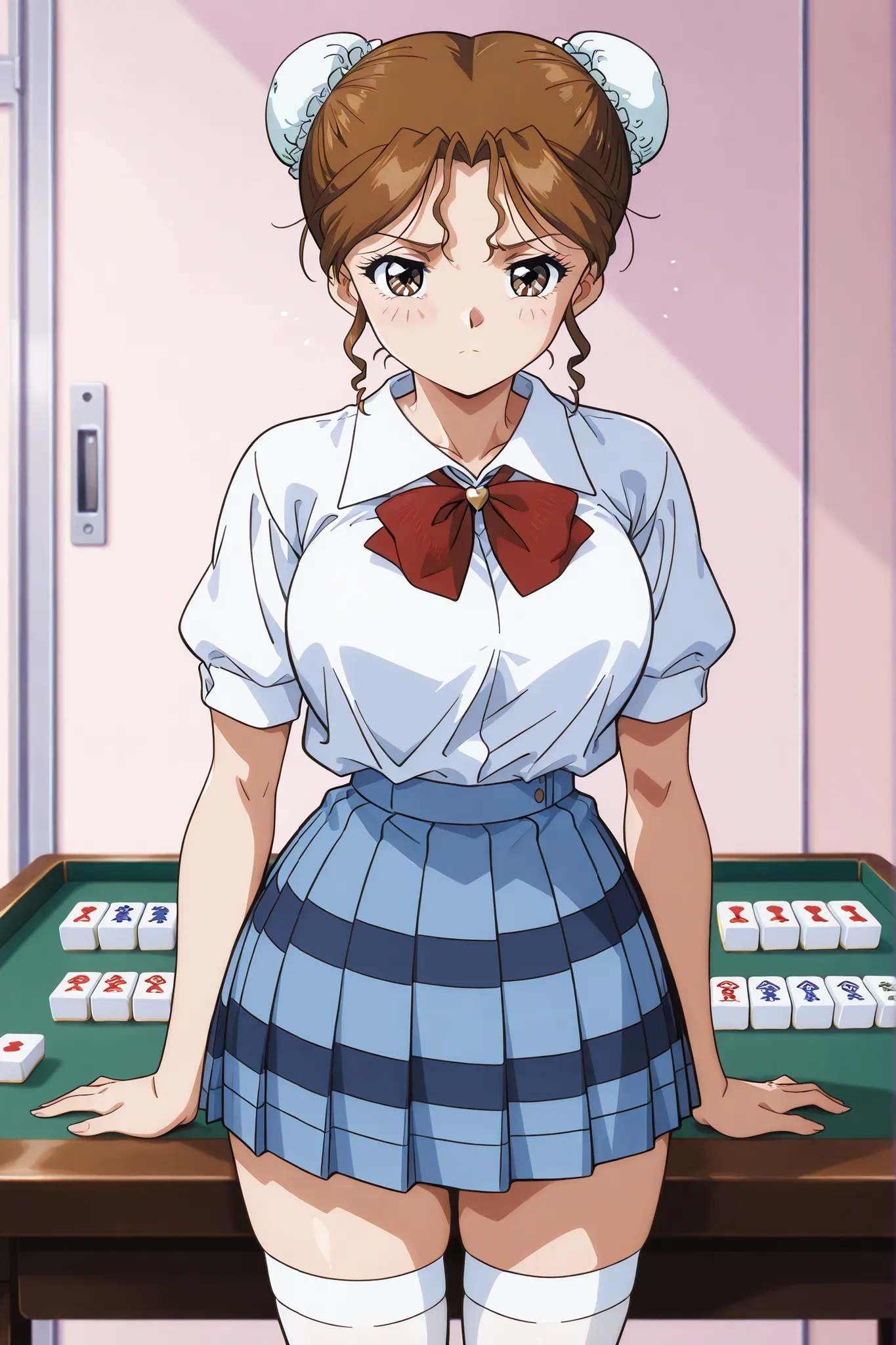 1girl,solo,masterpiece,best quality,general,sr5_akira,retro artstyle, brown eyes, brown hair, bun cover, school uniform,  white shirt, collared shirt, blue skirt, plaid skirt,white thighhighs,mahjong, mahjong table, contempt, dislike,standing,holding a pan...