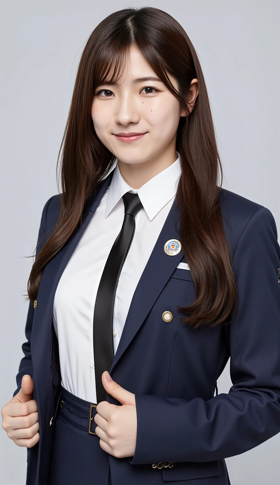  blazer uniform、 female high school student、cute、 The buttons on the blazer are open、Straight Long Hair、smile with closed mouth