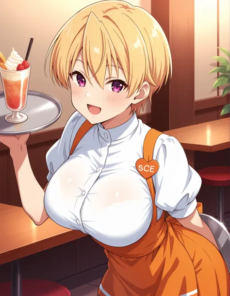 Score_9, score_8_up, score_7_up, source_anime, Haruki Azuma, solo, short hair, blonde hair, shiny hair, hair between eyes, bangs, purple eyes, large breasts, (best quality), (high quality), {masterpiece}, extremely delicate and beautiful, ultra-detailed, b...