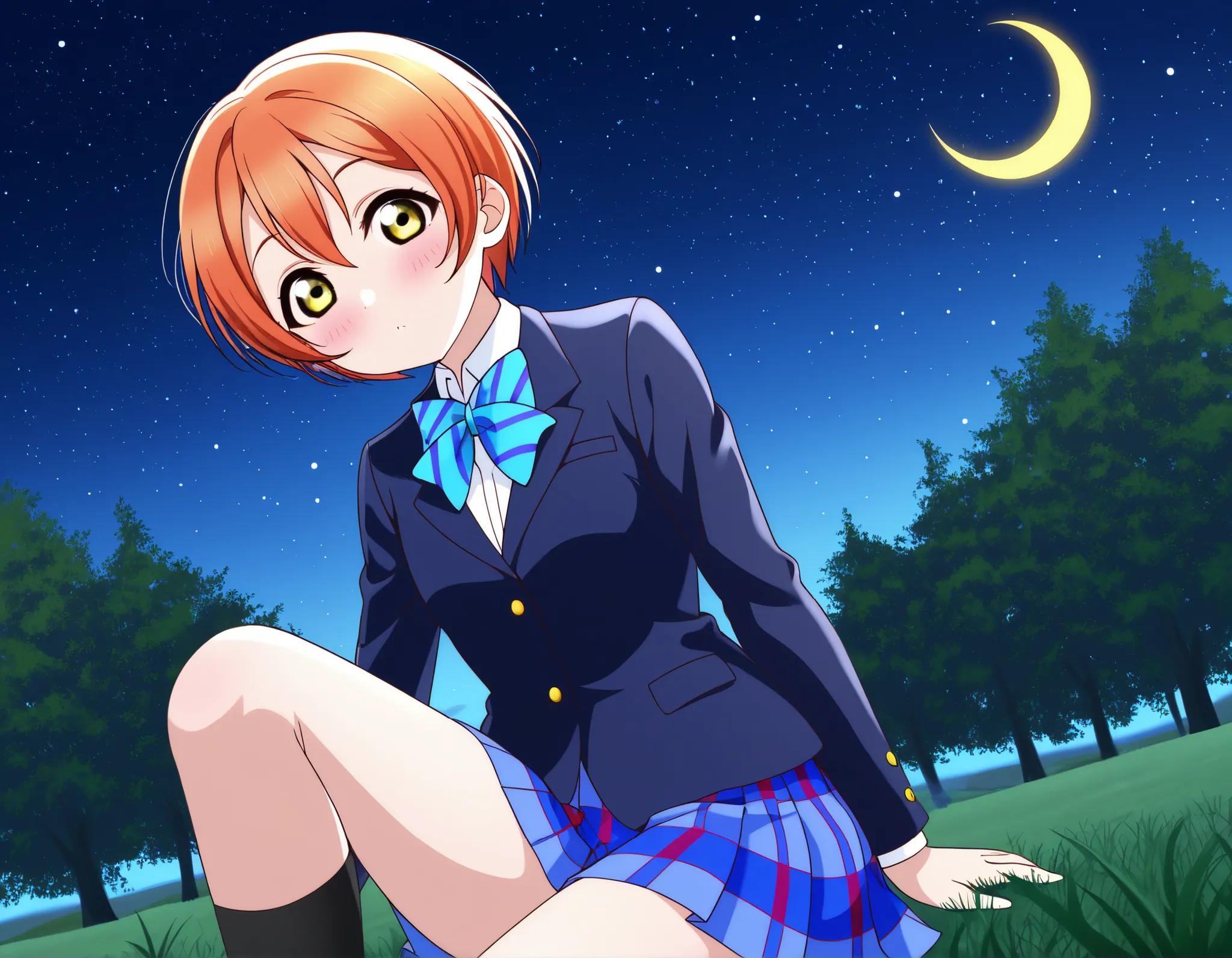 1girl, hoshizora rin, striped, short hair, blush, otonokizaka school uniform, lovelive_rin black blazer, blue plaid skirt, blue stripe bowtie, orange hair, very short hair, hair between eyes, yellow green eyes,knee up,crescent moon, stars (sky),looking at ...