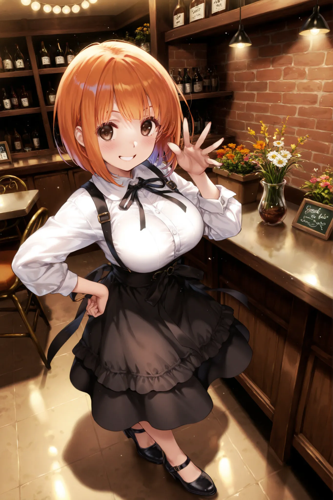 orange bob hair、brown eyes without goods、petite、young、Big Breasts、Full Body、One person、Smiling、ウィンクする、かわいいFloristの店員、Florist、across the counter、front、high quality、4K、8K、high resolution、masterpiece、Super Detailed、Studio Lighting、professional、vivid colors、