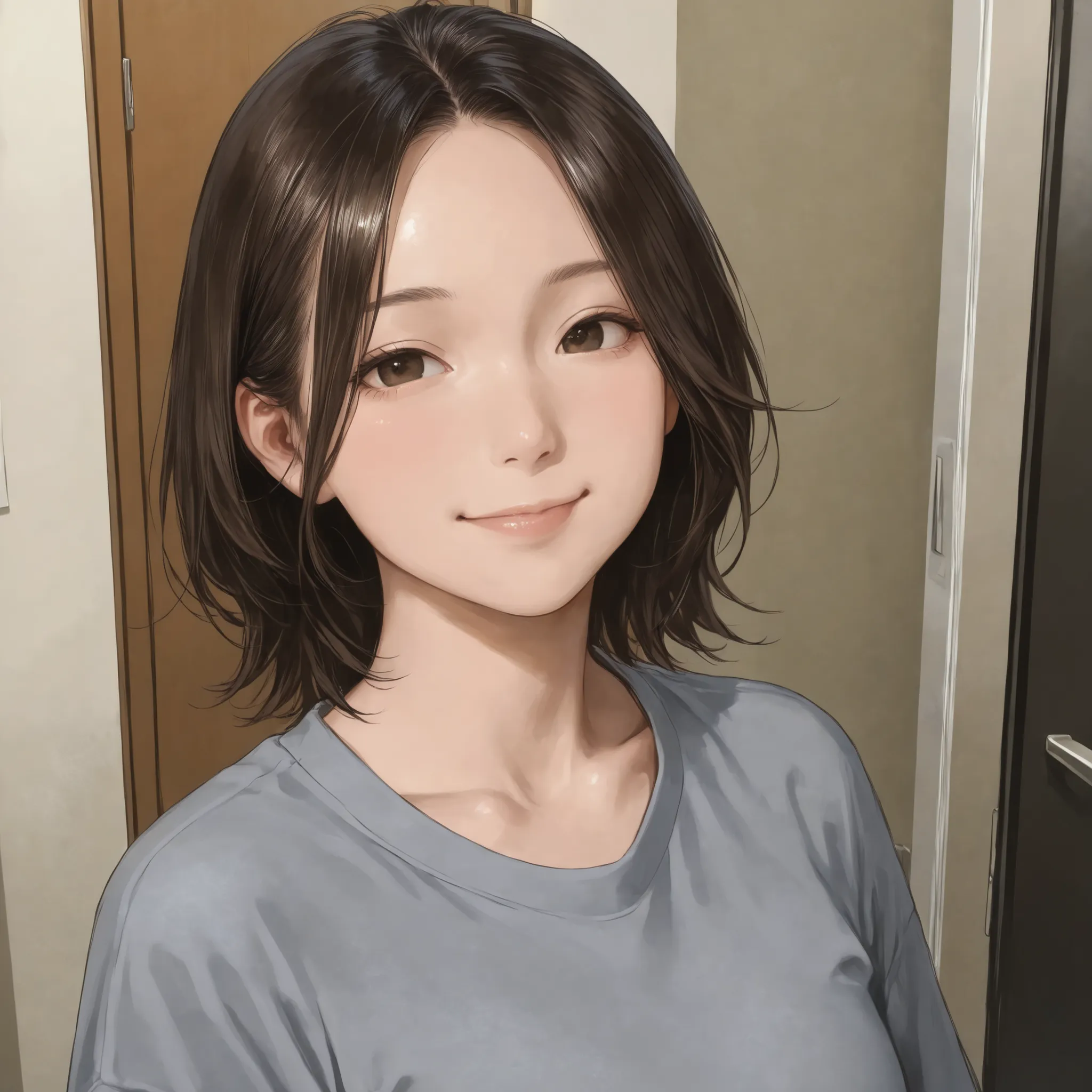 Masterpiece, top quality, smooth detail, ultra-high definition, semi-realistic, realistic eyes, girl, realistic hair, apartment, interior, pointed chin, gray Sportswears pants, big clothes, parted bangs, natural smile