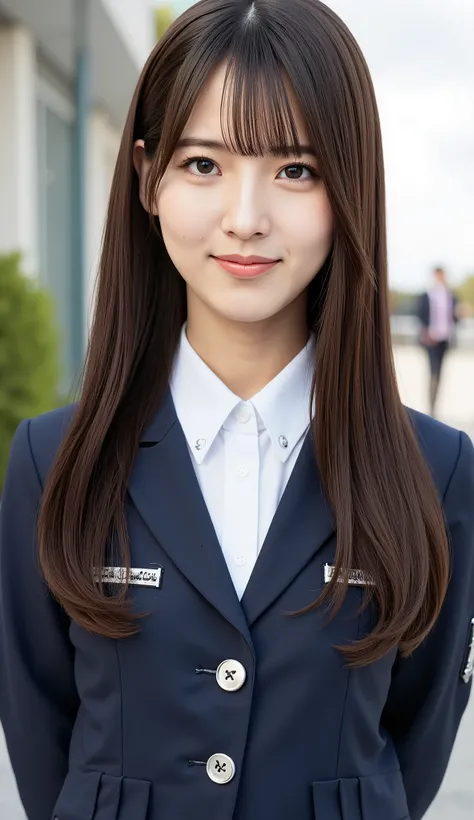  blazer uniform、 female high school student、cute、 The buttons on the blazer are open、Straight Long Hair、smile with closed mouth