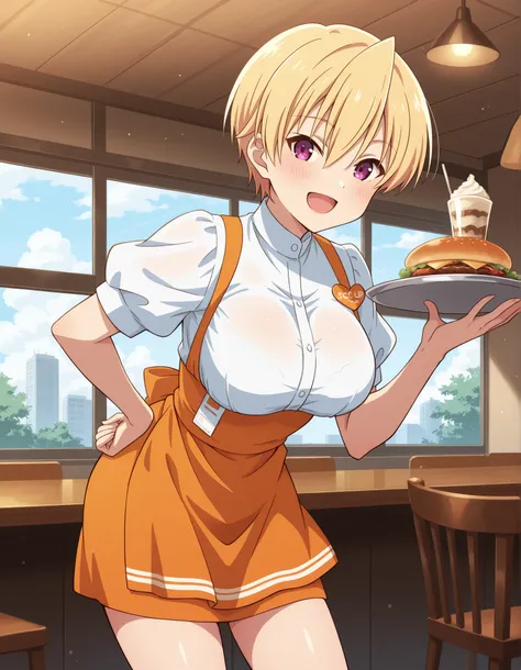 Score_9, score_8_up, score_7_up, source_anime, Haruki Azuma, solo, short hair, blonde hair, shiny hair, hair between eyes, bangs, purple eyes, large breasts, (best quality), (high quality), {masterpiece}, extremely delicate and beautiful, ultra-detailed, b...