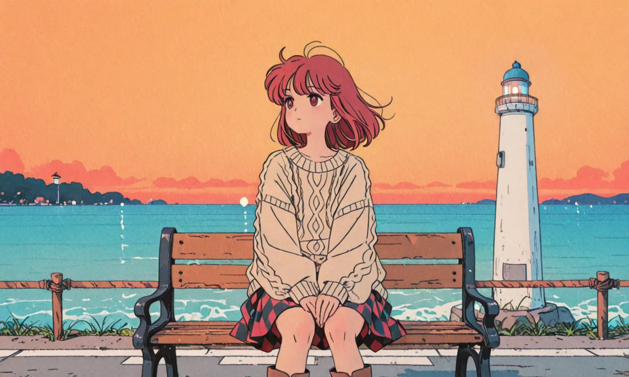 anime-style hand-drawn illustration, a girl with shoulder-length reddish auburn hair sitting on a bench facing the sea at dusk, wearing an oversized beige knit sweater, a long checkered skirt, and brown boots, no accessories, calm expression with hair slig...