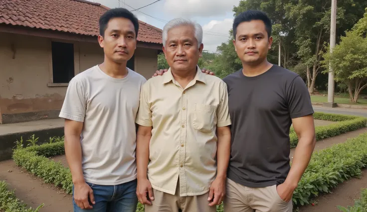 An elderly Indonesian man, around 60 years old, standing outside an old rural house with his two adult sons, 5 and 27. All three are casually dressed and appear close, standing together in front of a well-maintained plantation. The plantation is lush, gree...