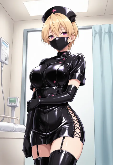 Score_9, score_8_up, score_7_up, source_anime, Haruki Azuma, solo, short hair, blonde hair, shiny hair, hair between eyes, bangs, purple eyes, large breasts, enamel leather dark nurse, latex dress, black latex elbow gloves, black latex legwear, latex, late...