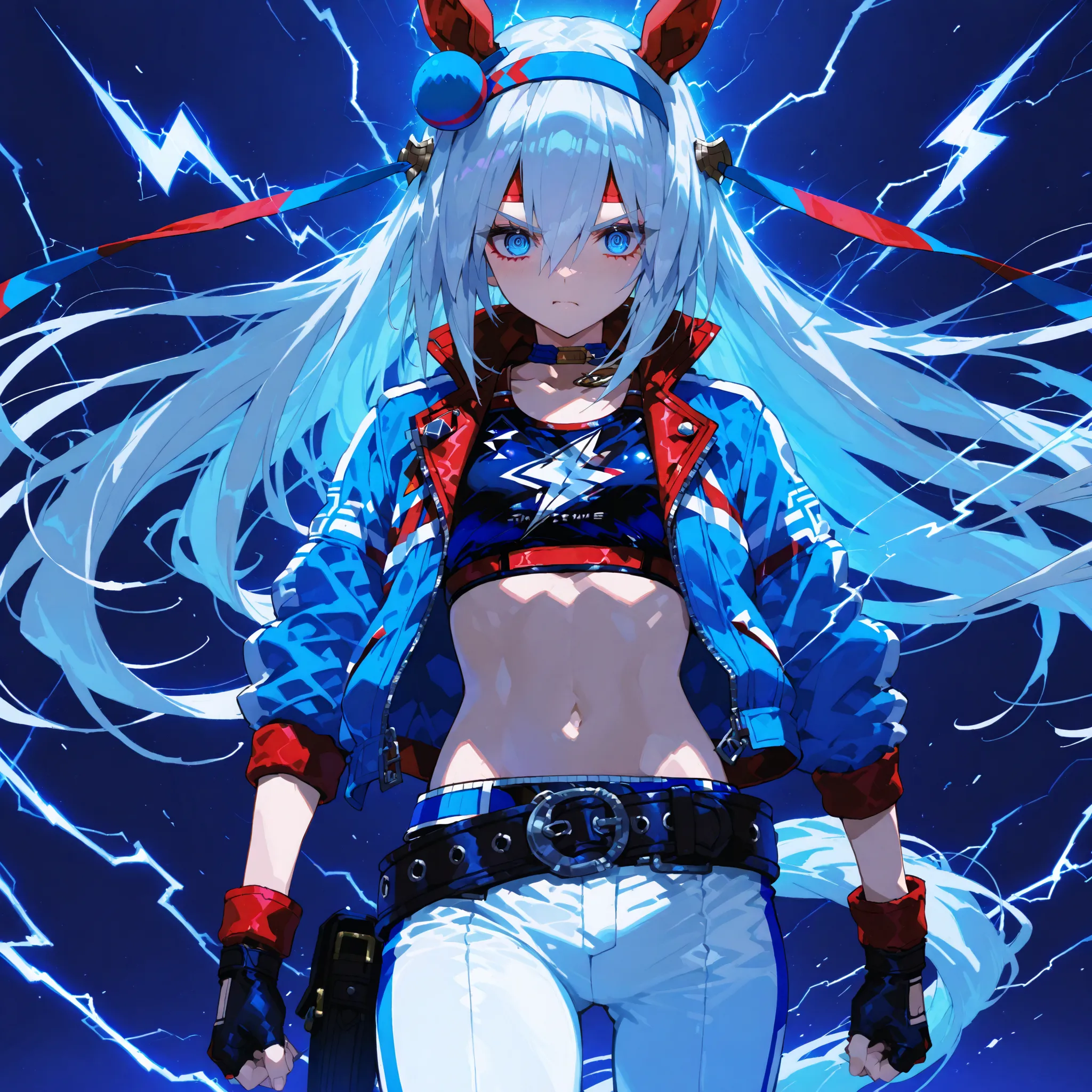tamamo cross(Uma Musume), wearing her race outfit, R4CE,blue jacket,white pants ,belt,crop top,navel,midriff,lightning bolt symbol,fingerless gloves , intense and determined expression, surrounded by a cool dark blue aura, swirling energy and fighting spir...