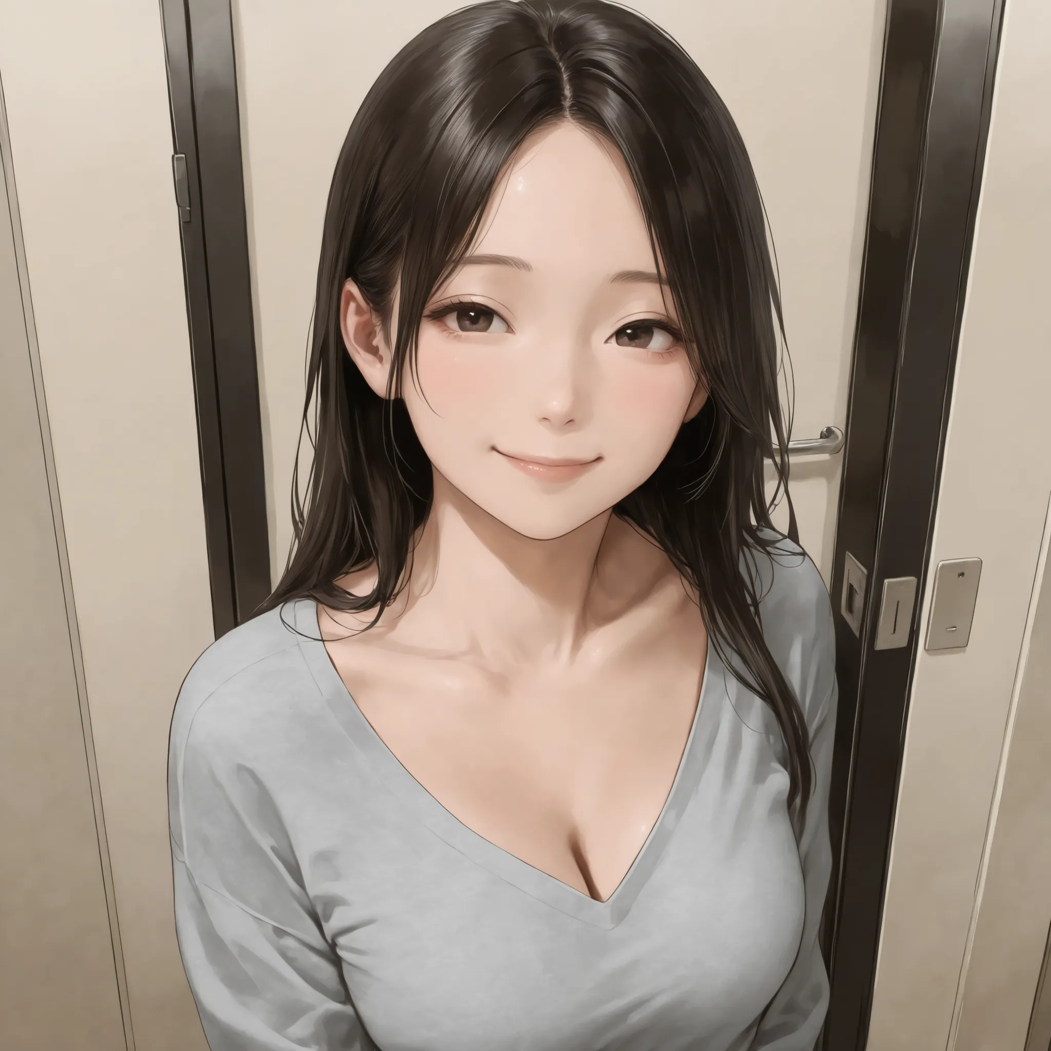 Masterpiece, top quality, smooth detail, ultra-high definition, semi-realistic, realistic eyes, girl, realistic hair, apartment, interior, pointed chin, gray Sportswears pants, big clothes, parted bangs, natural smile