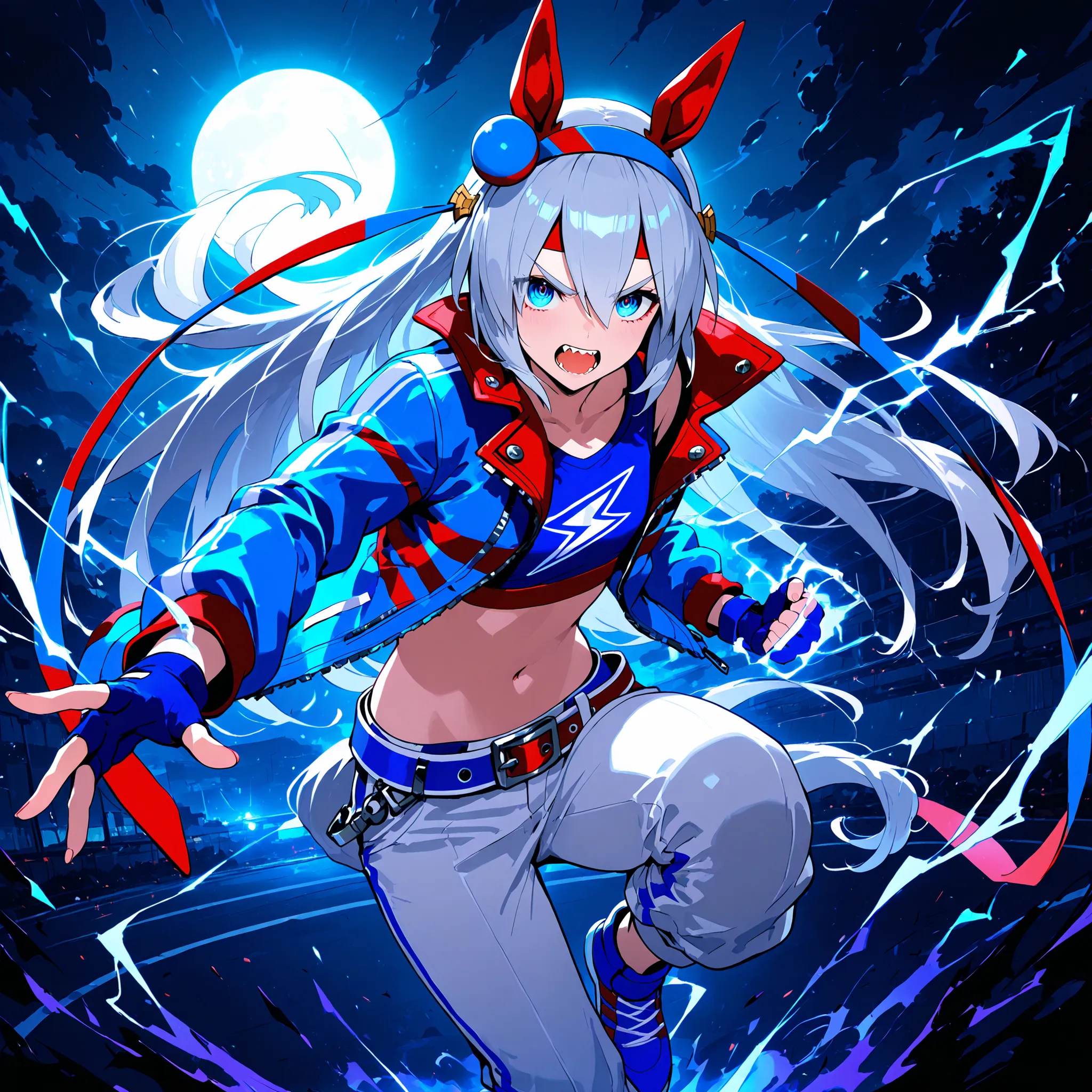 tamamo cross(Uma Musume), wearing her race outfit, R4CE,blue jacket,white pants ,belt,crop top,navel,midriff,lightning bolt symbol,fingerless gloves , intense and determined expression, surrounded by a cool dark blue aura, swirling energy and fighting spir...