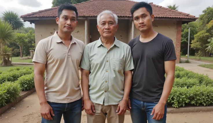 An elderly Indonesian man, around 60 years old, standing outside an old rural house with his two adult sons, 5 and 27. All three are casually dressed and appear close, standing together in front of a well-maintained plantation. The plantation is lush, gree...