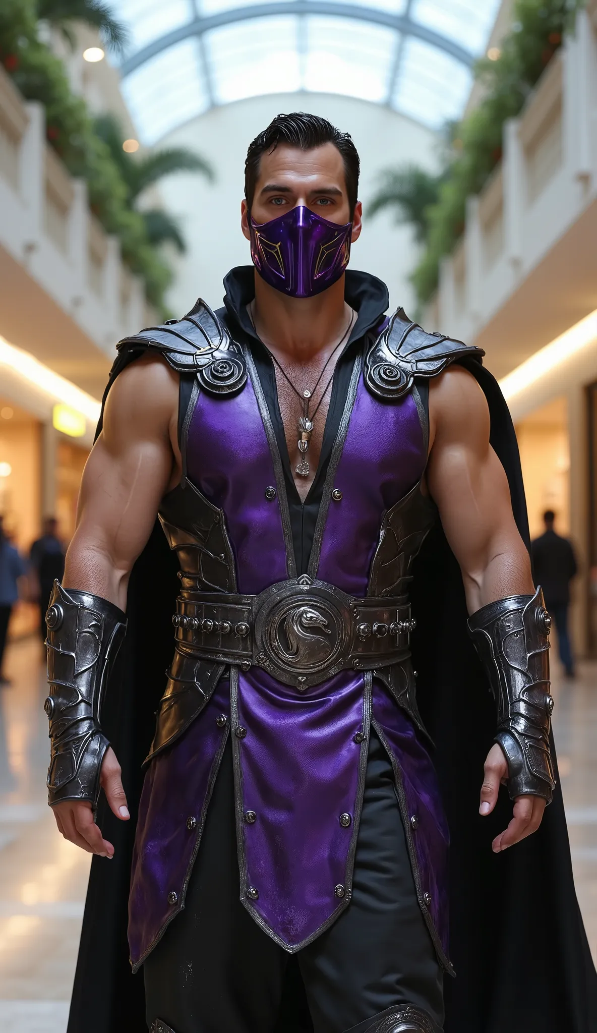 Henry Cavil como rain de Mortal Kombat, hiper-realista, with her purple metal mask and purple outfit upper body, em um shopping, with a hyper-realistic background, upper body in 8k
