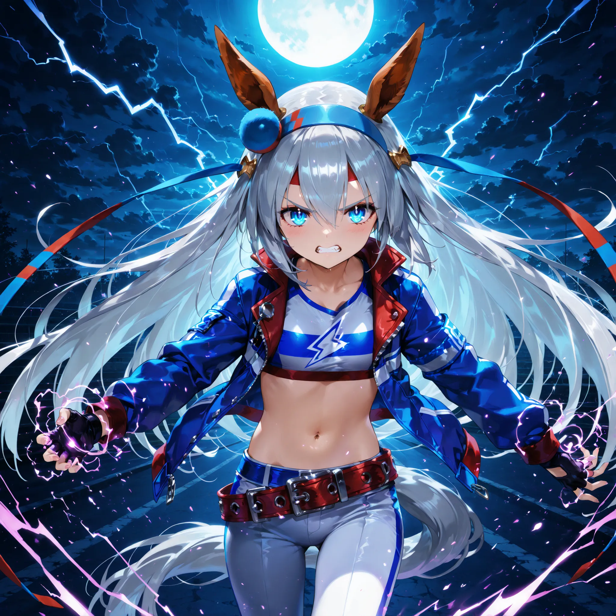 tamamo cross(Uma Musume), wearing her race outfit, R4CE,blue jacket,white pants ,belt,crop top,navel,midriff,lightning bolt symbol,fingerless gloves , intense and determined expression, surrounded by a cool dark blue aura, swirling energy and fighting spir...