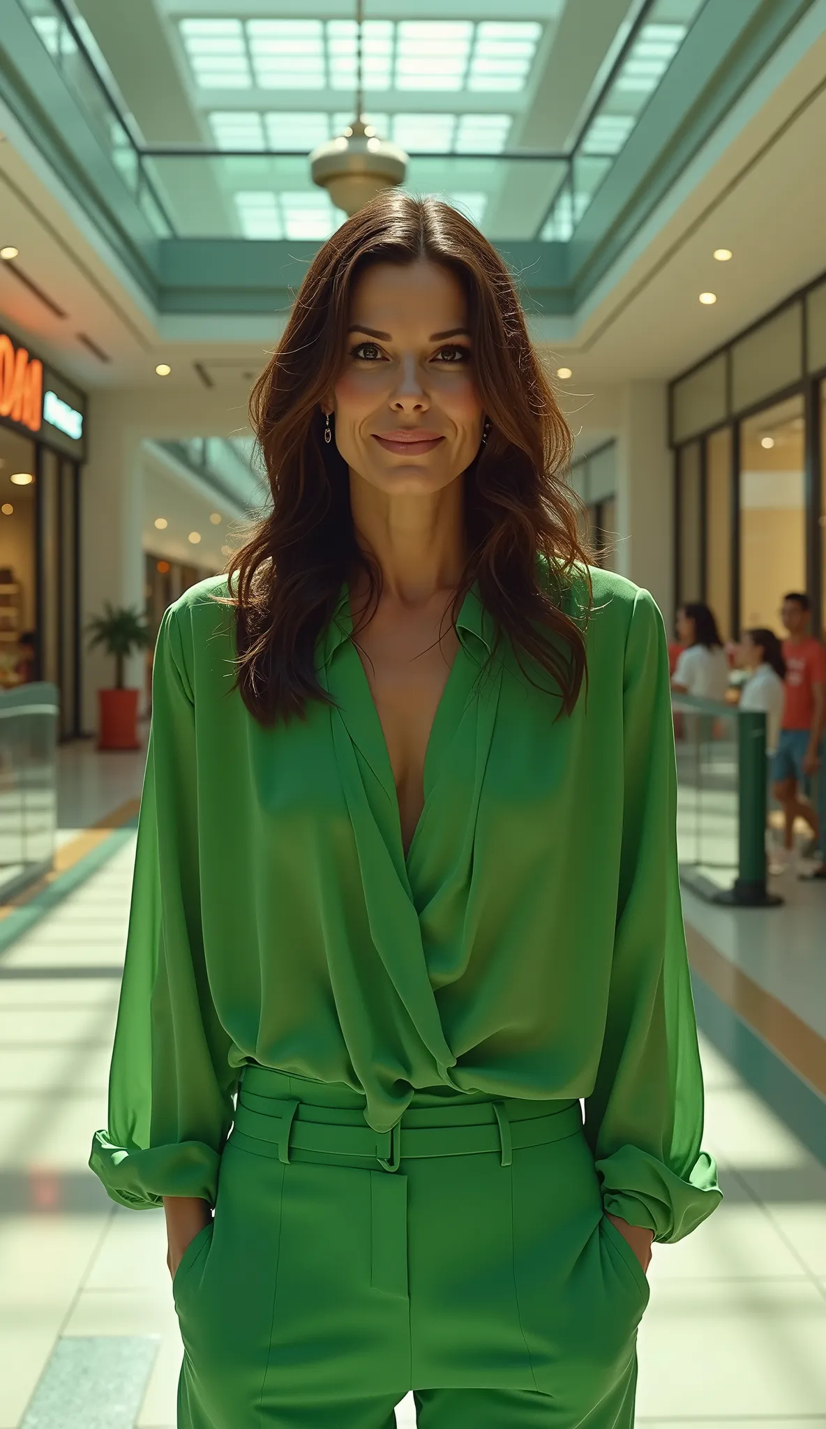 Hyperrealist Sandra Bullock dressed in green in a hyperrealistic mall background, upper body in 8k
